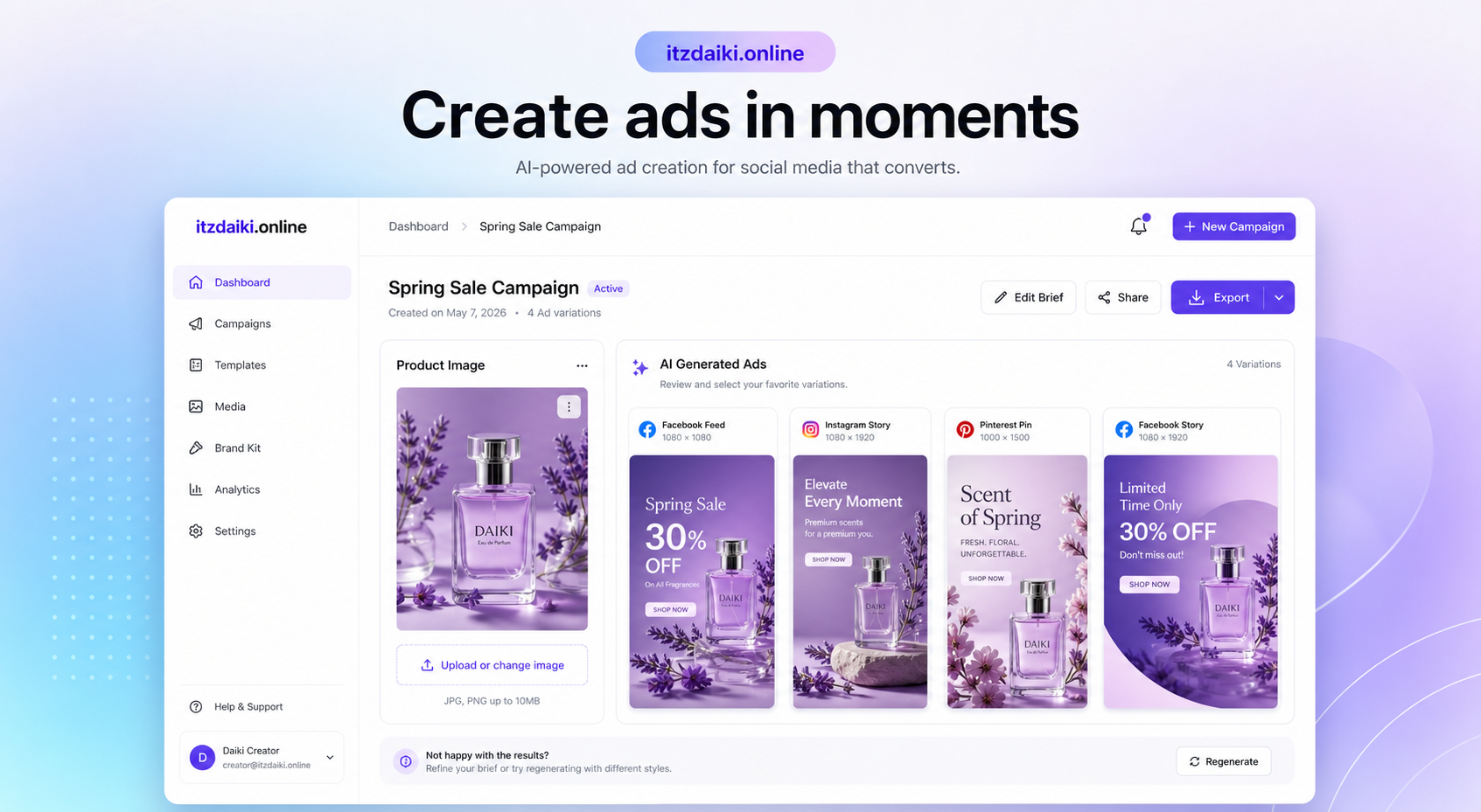 itzdaiki.online AI ad creation dashboard preview